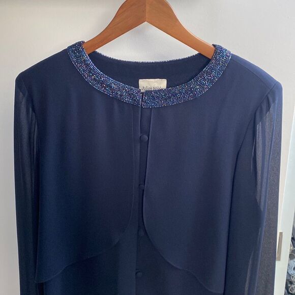 Vintage Navy Blue Blouse with Beaded Collar - Picture 2 of 10